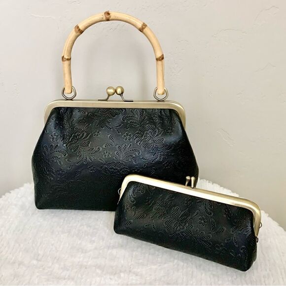 Genuine Leather Embossed Floral Lace, Real Bamboo Handle Bag & Small Clutch Set - Picture 9 of 16
